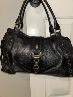 Cole Haan Black Leather Embossed Shoulder Bag with Brass Accents